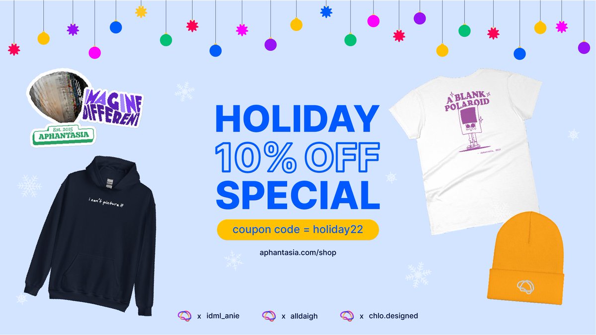 🛍 Shop #aphantasia designs by Emma at aphantasia.com/store/ 

Use coupon code Holiday22 under View Cart to get 10% off your holiday purchase!  

#holidayseason #shoppingonline #aphantasiaawareness
