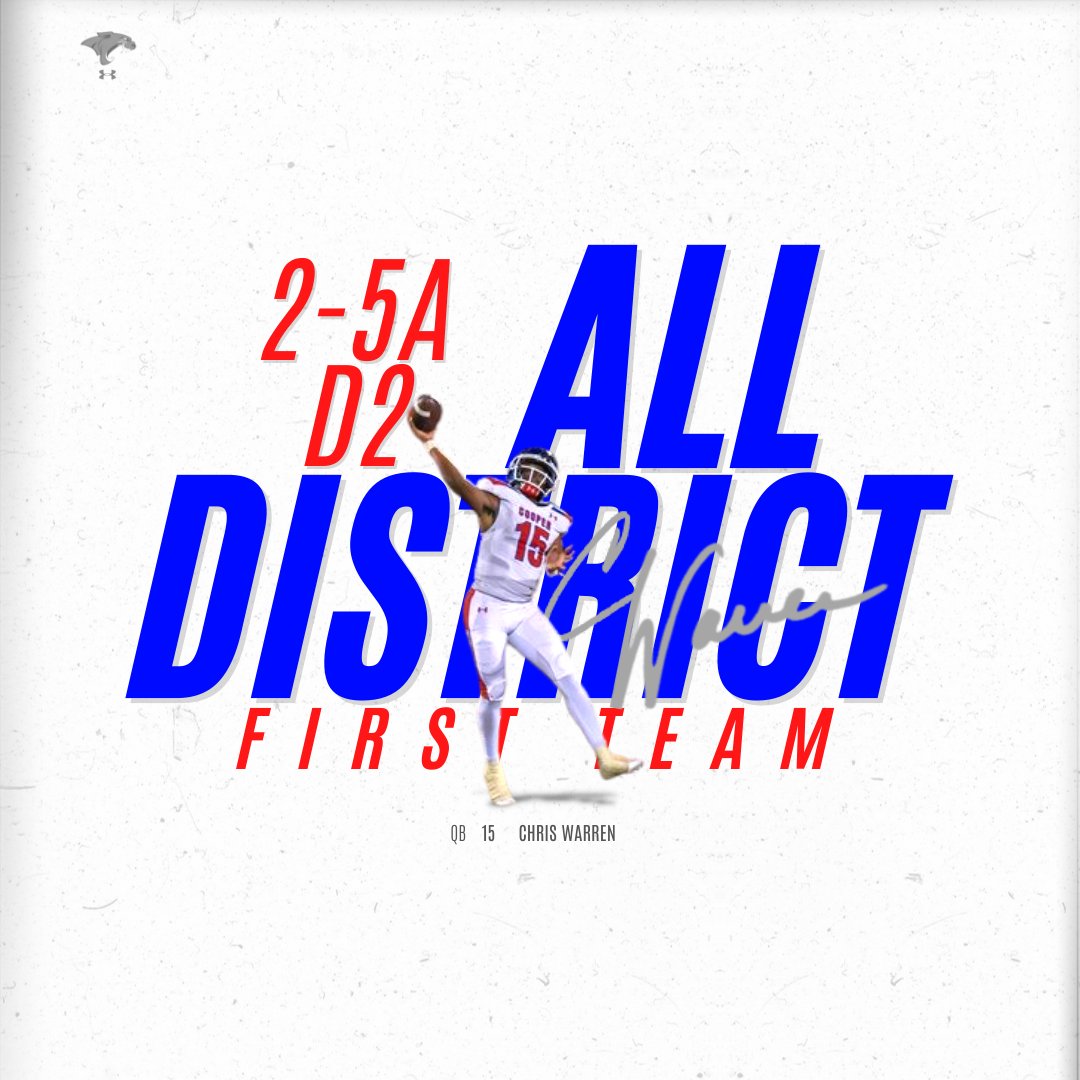 Coopercoogs1's tweet photo. 1st Team All-District: 
#15 Chris Warren (SR) - QB 
#2 Cam Herron (SR) - WR 
#6 Elijah Stevenson (JR) - DB 
#50 Joe Guevara (SR) - OL
#StepHarder #TCW #GPS https://t.co/nBCpPt7qry