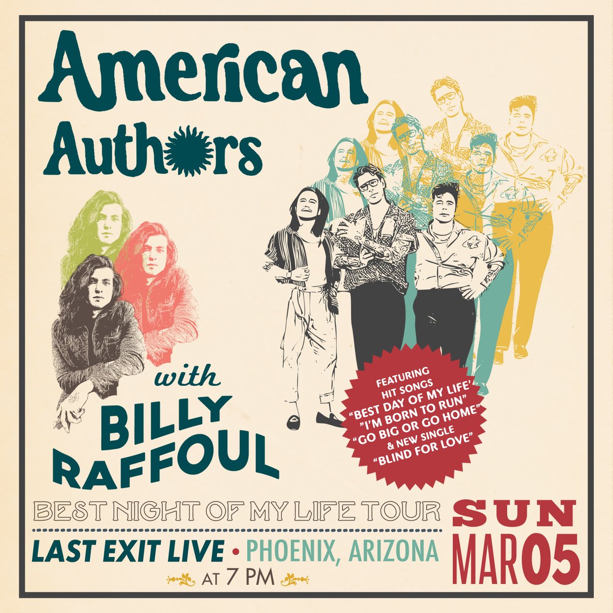 JUST ANNOUNCED ⭐ American Authors are bringing their 'Best Night Of My Life' Tour to Last Exit Live on March 5th with special guest Billy Raffoul!
PRESALE &gt; 12/08 at 10am PW : lucky
PUBLIC ON SALE &gt; 12/09 at 10am
TICKETS : bit.ly/3VUERYC