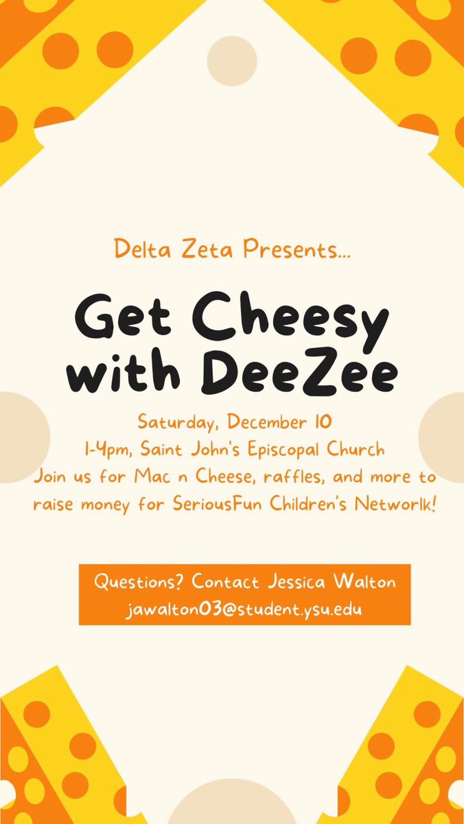 Hey Guins🐧

Student Government Association is proud to sponsor this event, Get Cheesy with Deezee, hosted by @deltazeta_ysu on December 10th! We have free student tickets available for you to pickup at the Office of Student Activities.