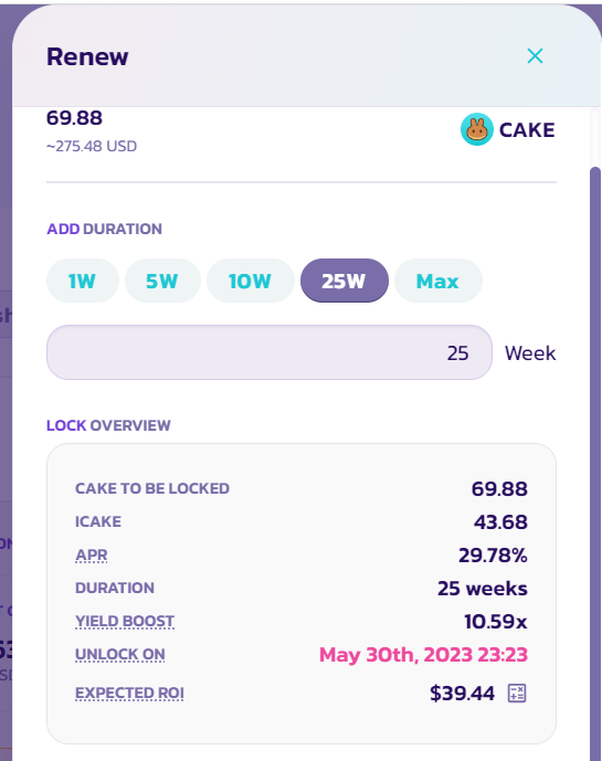 CrypCollectorr's tweet photo. Going to use this as my personal log for my returns on staking cake. If I ever have a spare $10 I will buy some more cake and add it. Let us see what happens!

Day 1 - 69.88 cake locked for 25 weeks. 29.78% APR. Expected profit $39.44

#cake $cake #staking #stakingchallenge https://t.co/TYGV3AEEOf