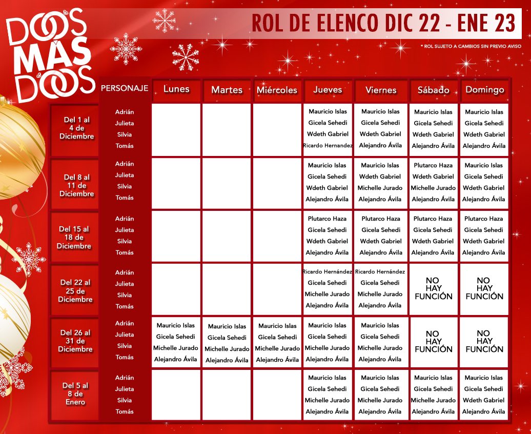 Esta temporada decembrina ven a reír a lo grande en <a href="/ObraDosMasDos/">Dos Más Dos</a> con funciones adicionales con  @MauricioIslas <a href="/wdethgabriel/">wdeth gabriel</a> @AlexAvila14 <a href="/HazaPlutarco/">plutarco haza</a> <a href="/_ricardosoy/">Ricardo Ache</a> y @GisoSehedi #MichelleJurado Compra ya tus Boletos 🎟 ow.ly/N5XL50FF0mC
En el 📍Teatro Royal Pedregal