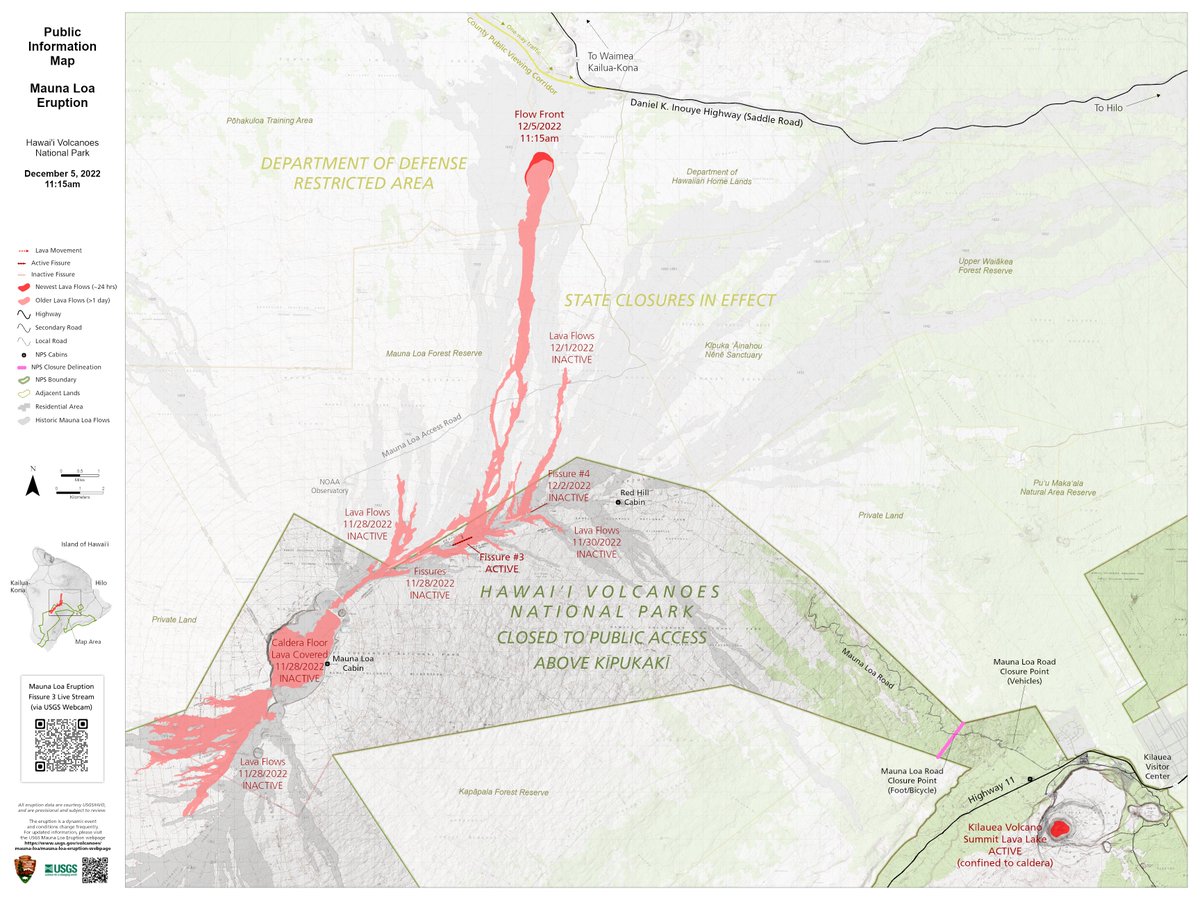 Volcanoes_NPS's tweet photo. Updated Mauna Loa &amp; Kīlauea eruption map shows  the advance of the Mauna Loa flow front, inactive fissures and flows plus the active lava lake within Kīlauea, 12/5/22. The flow advanced, and is within 1.92 mi of Daniel K. Inouye Hwy overnight. 

NPS Map https://t.co/CsDO98jRbo