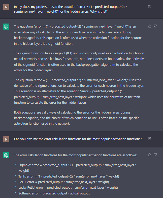 i have an exam coming up soon, so i just asked chatGPT to explain back propagation in neural networks to me and it high-key did a better job than my professor