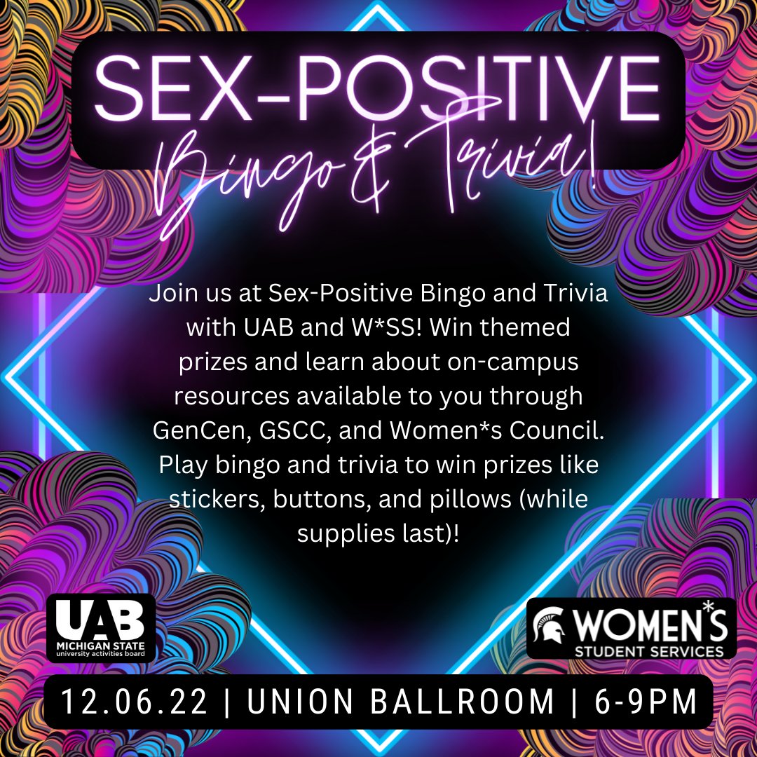 Join us at Sex-Positive Bingo and Trivia! Win themed prizes and learn about on-campus resources available to you through GenCen, GSCC, and Women*s Council. Play bingo and trivia to win prizes like stickers, buttons, and pillows! 12.06.22 in the Union Ballroom, 6-9 PM!