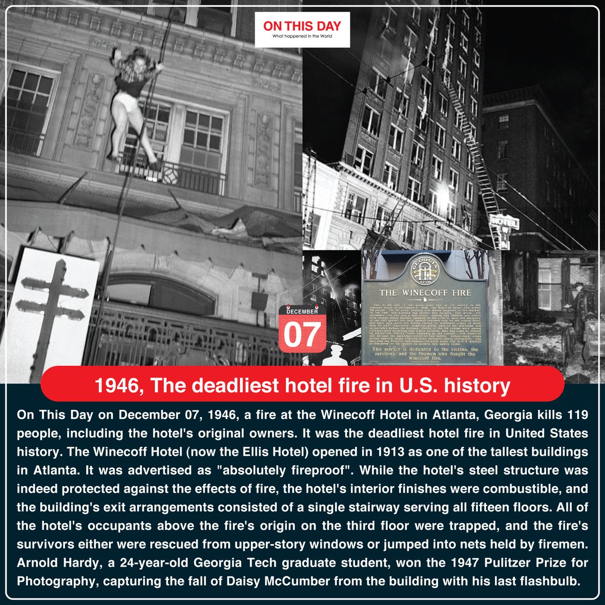 OnThisDayInWor1's tweet photo. #OnThisDay 1946, The deadliest hotel fire in U.S. history
#December7 #historytoday #in1946 #76yeasrago #WinecoffHotel #WinecoffHotelfire #deadliesthotelfire #deadliesthotelfireinUS #unitedstates #absolutelyfireproof #ArnoldHardy #PulitzerPrizeforphotography #EllisHotel https://t.co/jgYnUnnf3p