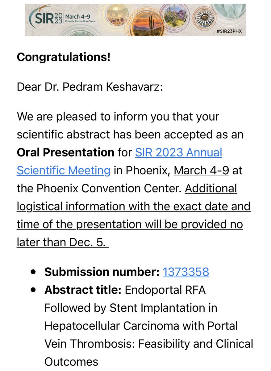 See you in Phoenix! I will be presenting our #HCC projects (two Oral Presentations) at #SIR23. 
Thanks to my great mentor Dr. @StevenSRaman_MD and our home team @IDx_UCLA @IDxLiver @RadiologyUcla @uclaVIR @SIRspecialists @JVIRmedia 
#livercancer #IO