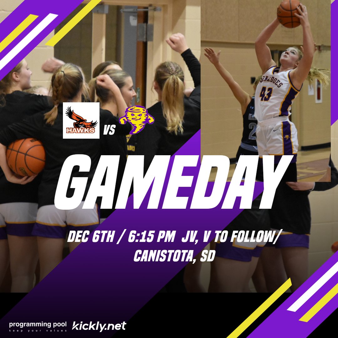 Gameday tonight in Canistota!! JV starts at 6:15 with Varsity to follow. Good luck to all the girls! Go Tornadoes!!