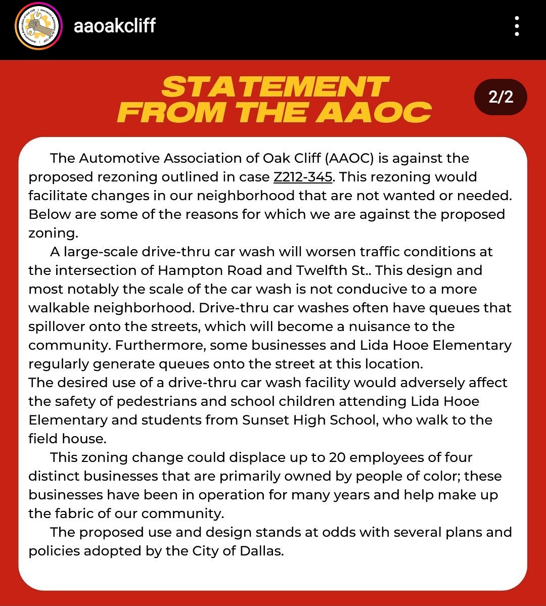Attached are the <a href="/aaoakcliff/">AA Oak Cliff</a> reasons for opposing zoning case Z212-345. There is a petition available for the public to sign against this zoning change. Please share. #OakCliff #StopGentrification #GentrificationIsViolence #DisplacementIsViolence change.org/NoDriveThru