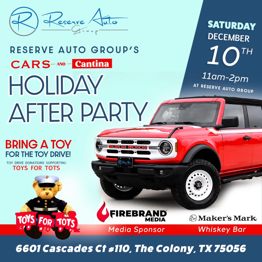 rach_robillard's tweet photo. Cool cars, complimentary cocktails, AND giving back to the community?! Count me in! 🚘🎉

Join us THIS Saturday 12/10/22 from 11am-2pm at #ReserveAutoGroup! 

Bring a toy for the toy drive- Toy donations supporting Toys for Tots 🎁

https://t.co/aTSaTfVbQf https://t.co/emrEQ0C8Gh