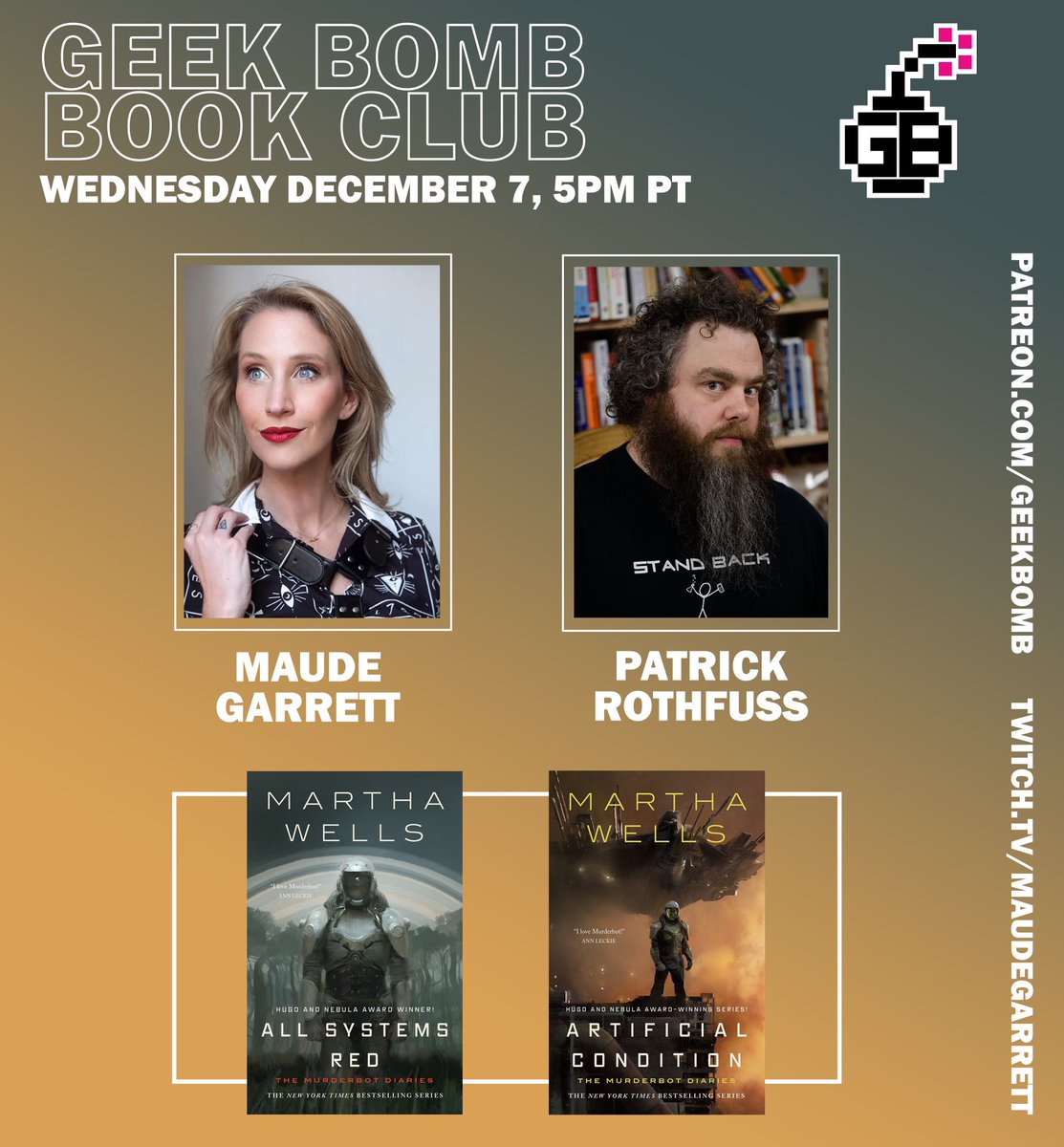 STORY TIME: back in March, I spoke books with <a href="/PatrickRothfuss/">Pat Rothfuss</a>. He said if I ever covered the #Murderbot  series, he’d come on my #BookClub to rave about them. 

This month we’re SO doing the first 2 of the series! Tomorrow night 5-7pm PT, we’re teaming up to talk about them 😊