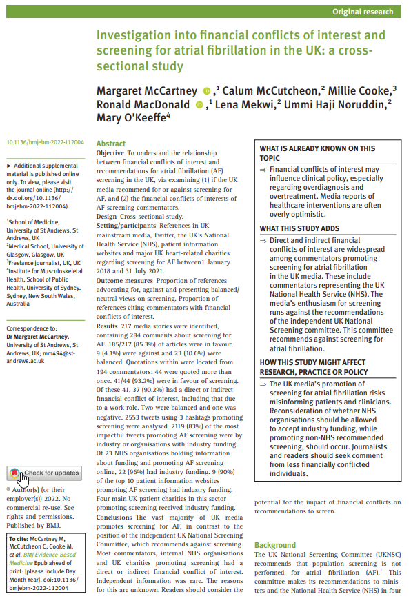 BMJ_EBM's tweet photo. Investigation into financial conflicts of interest and screening for atrial fibrillation in the UK: a cross-sectional study

@mgtmccartney and colleagues

📰 https://t.co/G63wvzejmi https://t.co/BDk7xTQfeJ