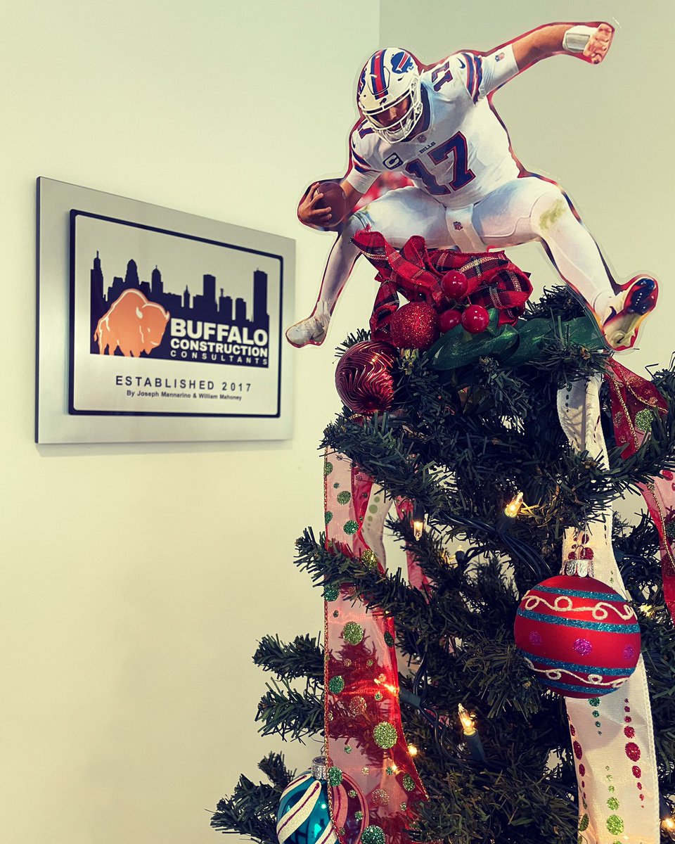 BfloConstruct's tweet photo. It’s officially starting to feel like Christmas at the BCC office. 🎄

Maybe we’re a little biased, but we think we have the best looking star around… GO BILLS!

#bcc #buffalobills #buffalony #joshallen #joshallenjumpingoverthings #gobills #christmas https://t.co/Ymlr92VPUZ