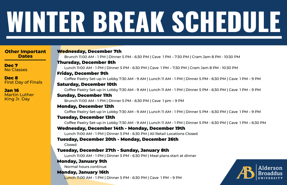 AB_1871's tweet photo. With Winter Break coming up, we wanted to remind everyone the upcoming schedule for the cafeteria and cave!
Good luck with your finals and have a great break! #BecomeABattler #BattlerPride https://t.co/8fXOQvA9Ke