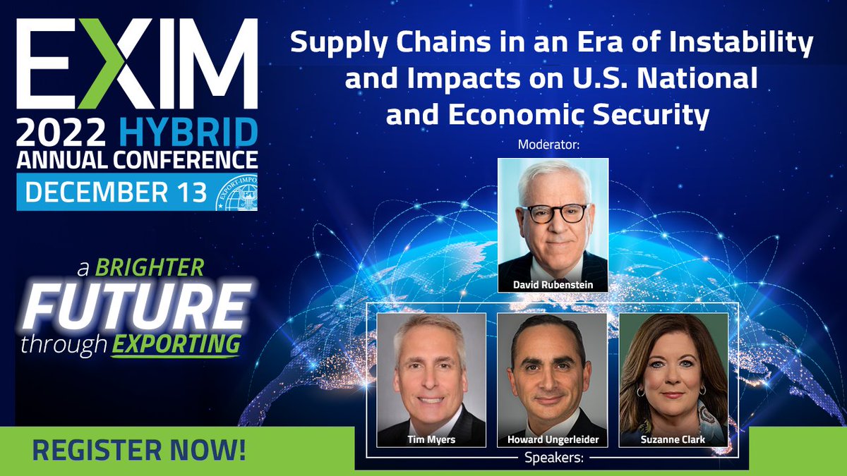 EximBankUS's tweet photo. #EXIM22 is in ONE WEEK! Excited for @OneCarlyle Co-Founder @DM_Rubenstein to moderate our #SupplyChains panel featuring @Boeing Capital President Tim Myers, @DowNewsroom President/CFO @H_Ungerleider &amp; @USChamber President/CEO @SuzanneUSCC! Register NOW: https://t.co/1nUok8ZBBL https://t.co/F7oDl2SQWc