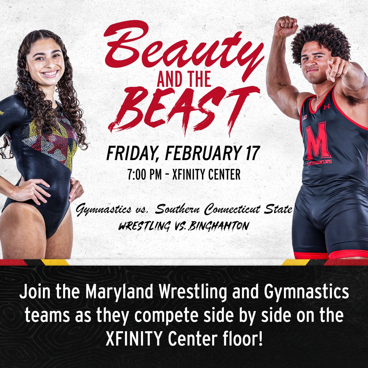 TerpsWrestling's tweet photo. Beauty and the Beast is 𝘽𝘼𝘾𝙆!

Join us in XFINITY Center on Feb. 17 as wrestling and gymnastics compete simultaneously for the sixth time ever and first since 2020. 

📰: https://t.co/Tq5WxtDuc2
🎟️: https://t.co/LyhMKD4S2c

#TurtlePower🐢💪 x #TFIN https://t.co/1xJlZfR4MT