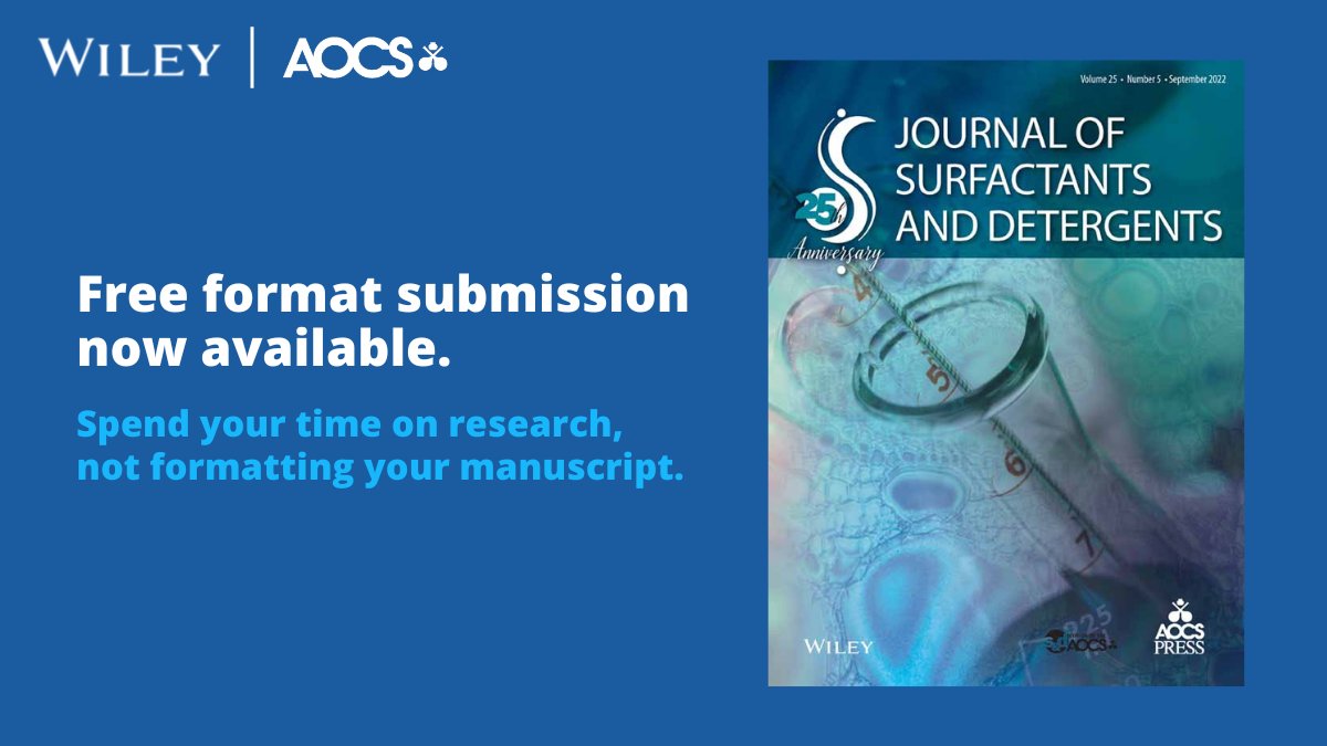 Wiley_Chemistry's tweet image. Submitting to the Journal of Surfactants and Detergents by @aocs is now so much easier. 

Learn more about #freeformat submission here: ow.ly/vVuu50LWRpB