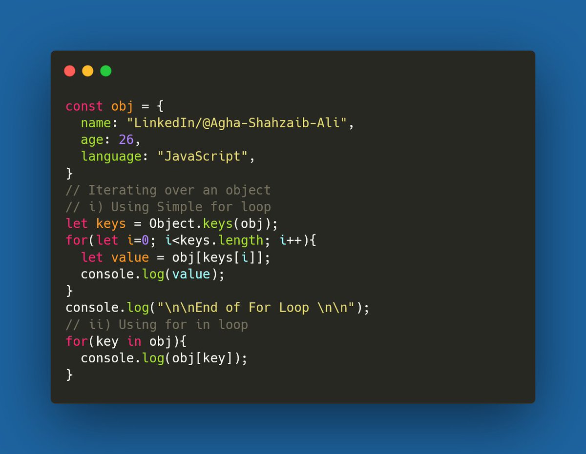 AghaShahzaibAli's tweet photo. #Day7
📌Iterating over Objects
for in loops
#25DaysOfJavaScript
#javaScript #objects #forin #Loops_Review
#letsconnect @beinggurudotcom #hishamsarwar https://t.co/A1hQdbw8De