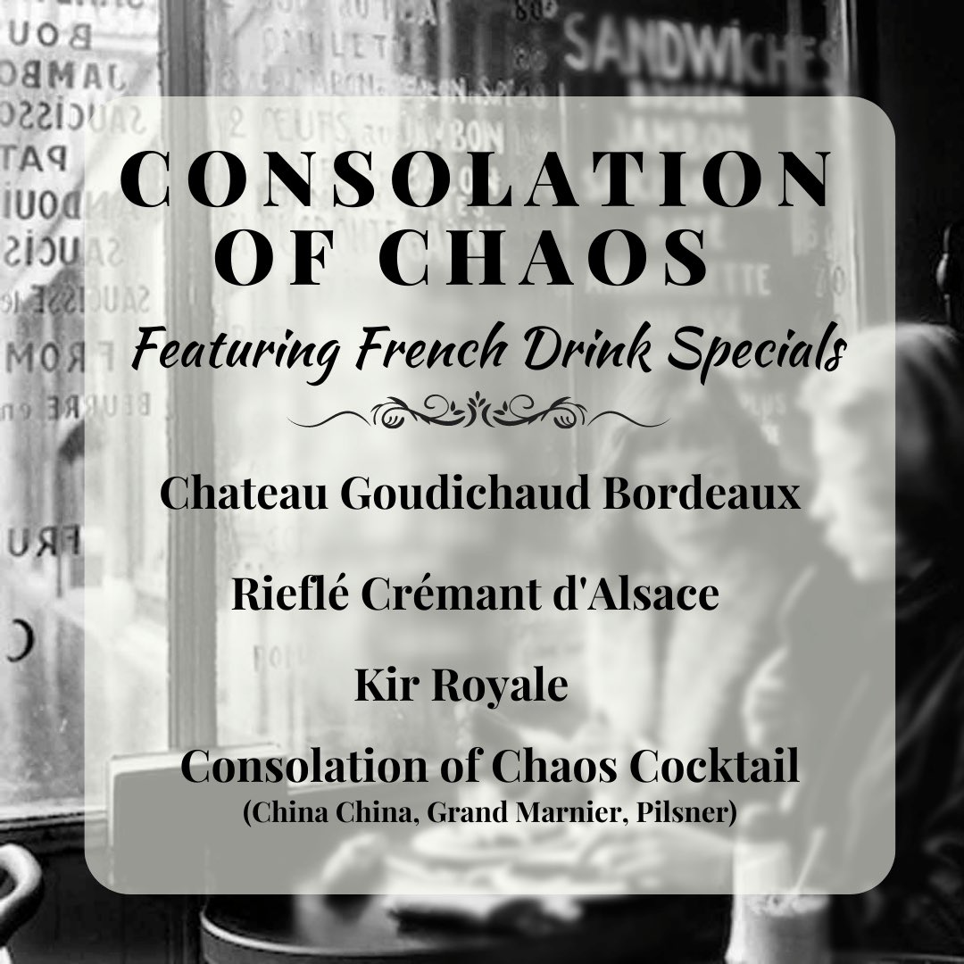 ButterflyBarATX's tweet image. In honor of Consolation of Chaos, opening this Thursday at @VORTEXonManor 👯‍♀️🇫🇷 Enjoy a Bordeaux, a Crémant Rosé, a Kir Royal and the Show Cocktail, our own version of Bière Picon, The Consolation of Chaos Cocktail 🍺 China China, Grand Marnier, Pilsner. vortexrep.org