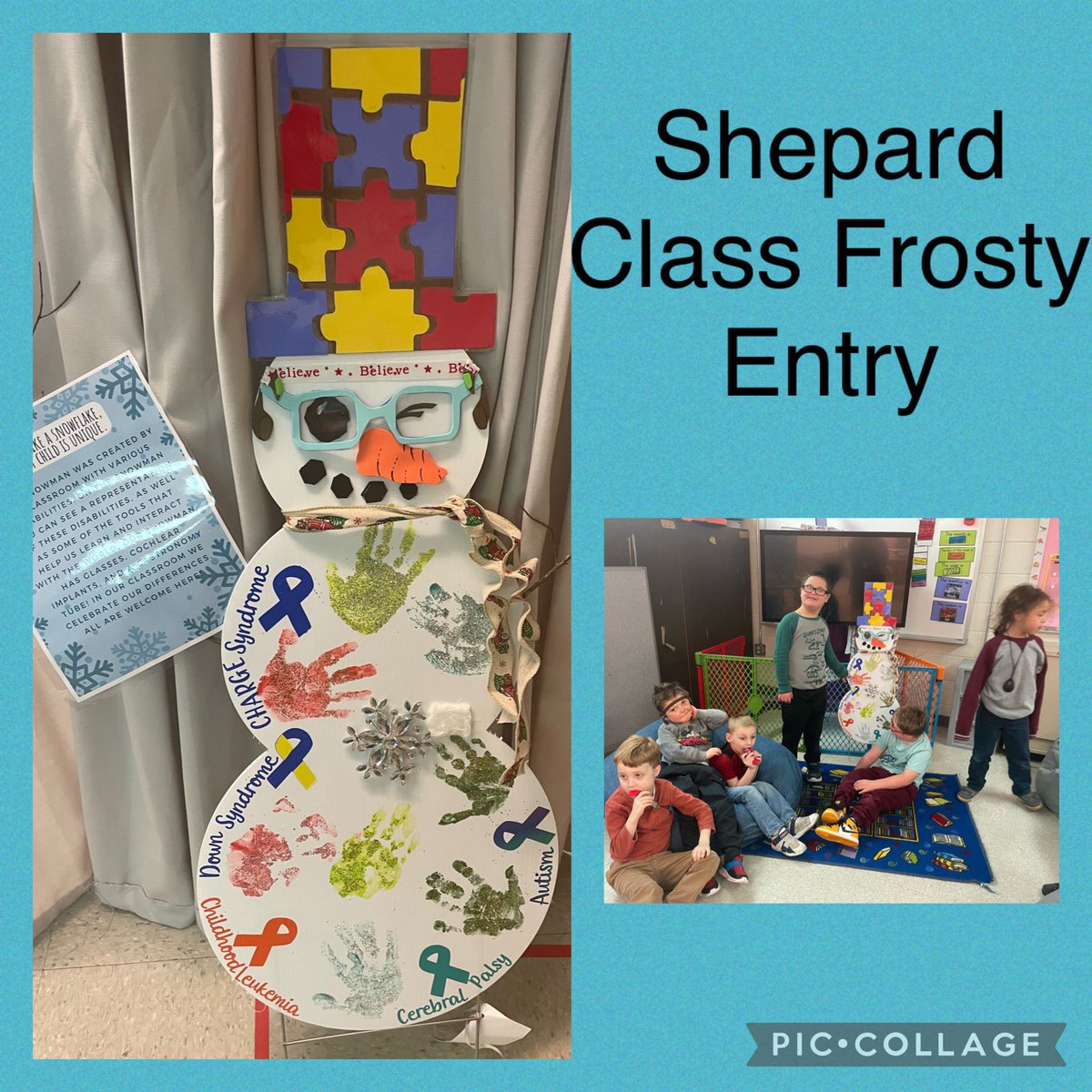 PoquosonPS's tweet photo. We can’t wait to deliver Ms. Shepard’s Frosty to City Hall tonight! He represents all the disabilities in the class including Cerebral Palsy, Autism, Downs Syndrome, Childhood Leukemia and CHARGE Syndrome. Notice the glasses, cochlear implants and G Tube-just like our students! https://t.co/gtwDgyoNOm