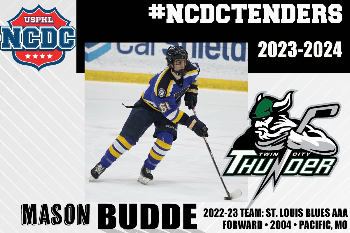 USPHL's tweet photo. #NCDCTenders: Big shout out to Mason Budde, who has tendered with the @TCthunderUSPHL for the 2023-24 season. Budde is a staple for the @AAABlues, playing both defense and forward for the AAA Blues program. Congratulations to Mason, and best of luck the rest of this year! https://t.co/fP5i5oMoAH