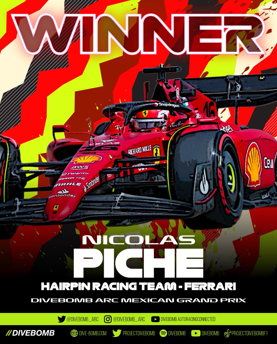 divebomb_arc's tweet photo. Nico Piche claimed win number 8 of the season in the Mexican Grand Prix, &amp; has a 30 point lead with just 2 races remaining! Can he lock down the championship next week in Australia?

@projectdivebomb #esports #leagueracing #formula1 #f1 #arcf1 #nicopiche https://t.co/s4XHKyhTPh