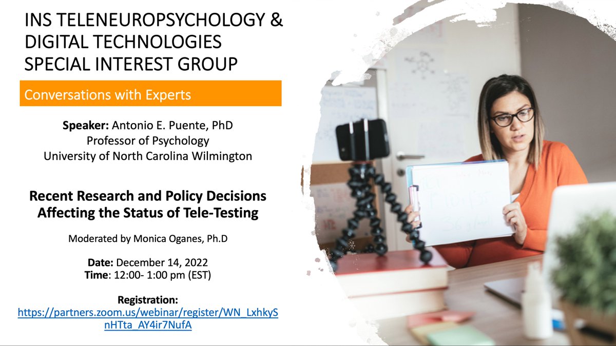 Join us on Dec 14/22 at 12pm (EST) for the next <a href="/INSneuro/">INS</a> #Teleneuropsych and #DigitalTechnologies SIG Conversation with Experts! 👍🏼

Speaker: Antonio E. Puente, PhD
Moderated by: Monica Oganes, PhD

👉Register here: partners.zoom.us/webinar/regist…