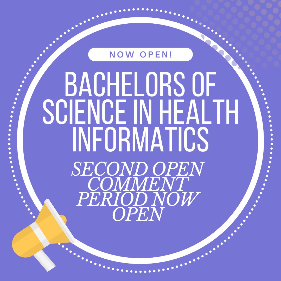 The SECOND open comment period for the Bachelors of Science in Health Informatics Accreditation Standards is now OPEN! 

CAHIIM is looking for your feedback.

Comment here: bit.ly/3UhXq8S