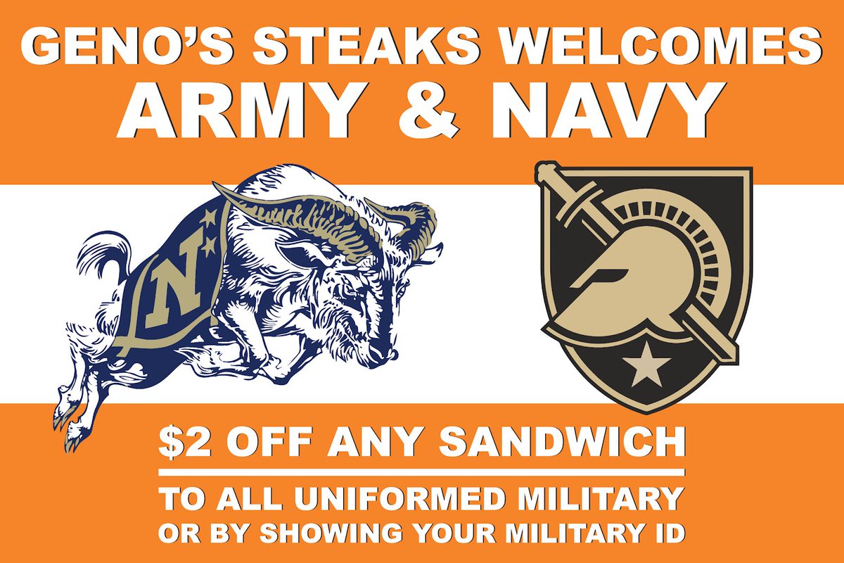 GenosSteaks's tweet photo. Proud to support our men and women in uniform🎗️This Saturday, 12/10, all military will receive $2 off any sandwich with proof of Military ID, or if uniformed, in honor of the #ArmyNavyGame 🏈

Discount applied at our South Philly location. Does not apply at third party locations https://t.co/m7EgToTkbn
