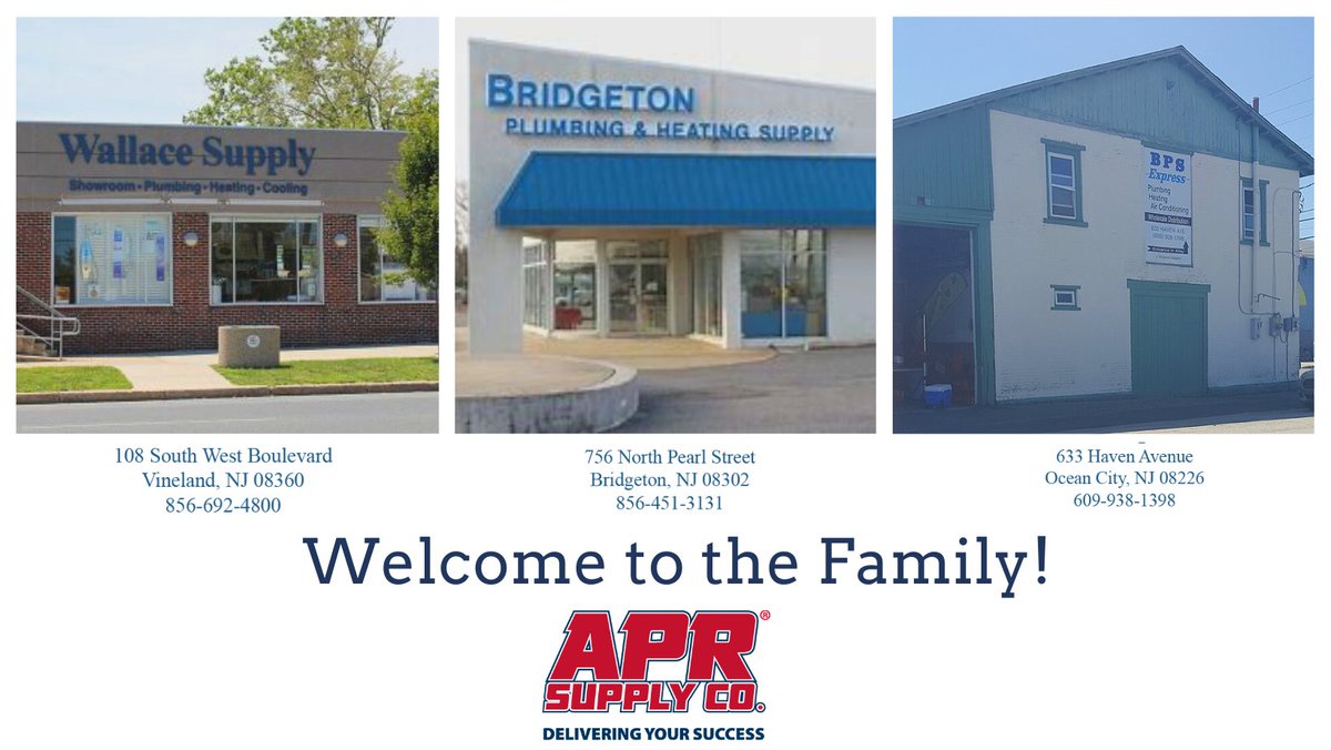 aprsupply's tweet photo. We'd like to introduce you to our three newest #APRSupplyCo locations serving the Southern New Jersey area! Providing all of your HVAC, plumbing and hydronics needs, visit https://t.co/ivU1um6hBm to find more information on a location near you. #WelcomeToTheFamily #APRFamily https://t.co/9iNIlnpzCY