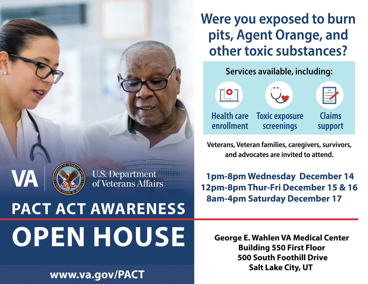 vasaltlakecity's tweet image. A new law called the PACT Act just expanded VA health care and benefits for millions of Veterans and survivors.

Want to learn more about what this historic law could mean for you and your family? Join us for our PACT Act Awareness Open House all the info and support you need.