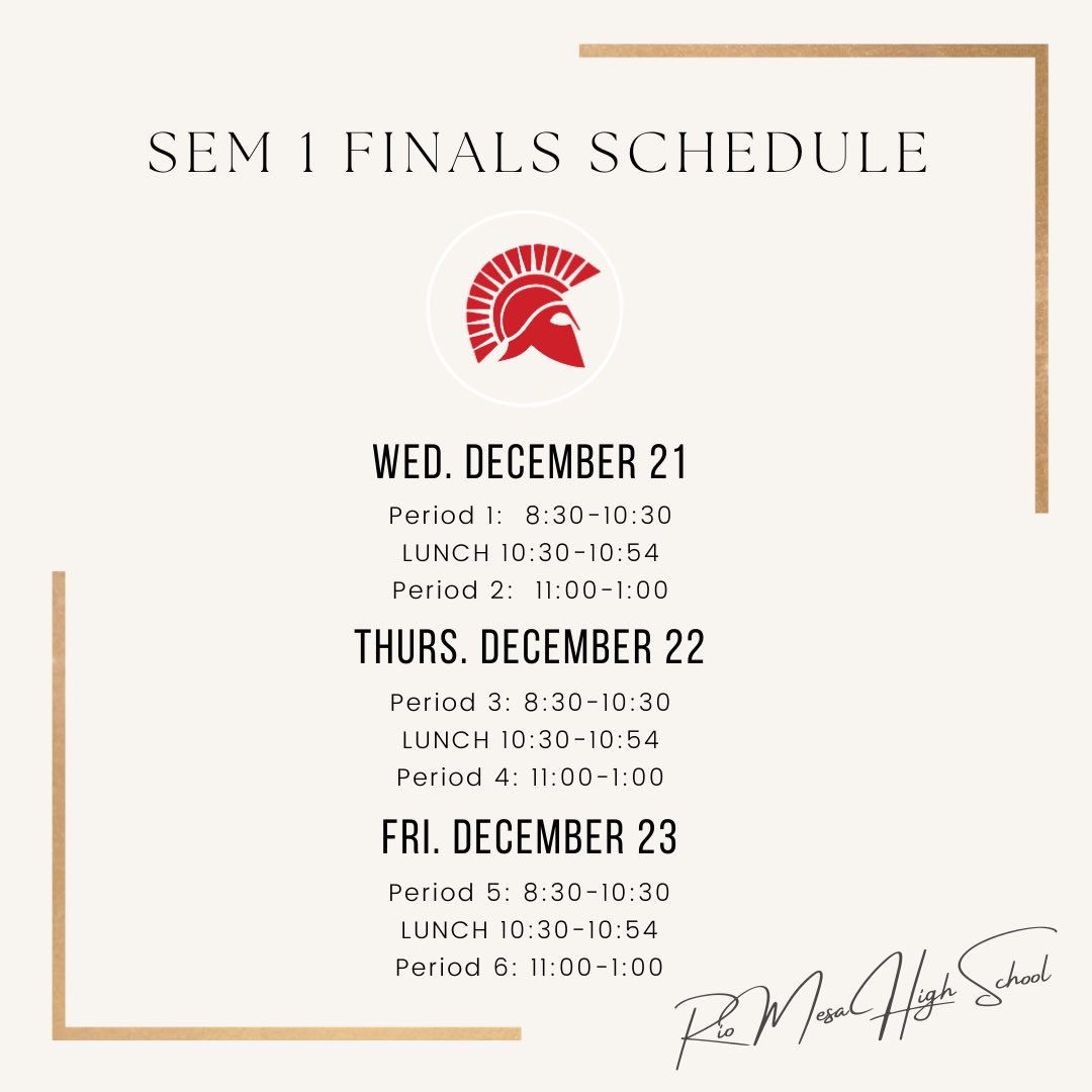 Spartans…. semester 1 is wrapping up quickly and finals are just around the corner. See attached finals schedule. Zero period students, check with your teacher for assigned finals date. 📝📚📓✏️ #WeAreOxnardunion #HereWeCome #riomesahighschool #spartanselevate #togetherwerise