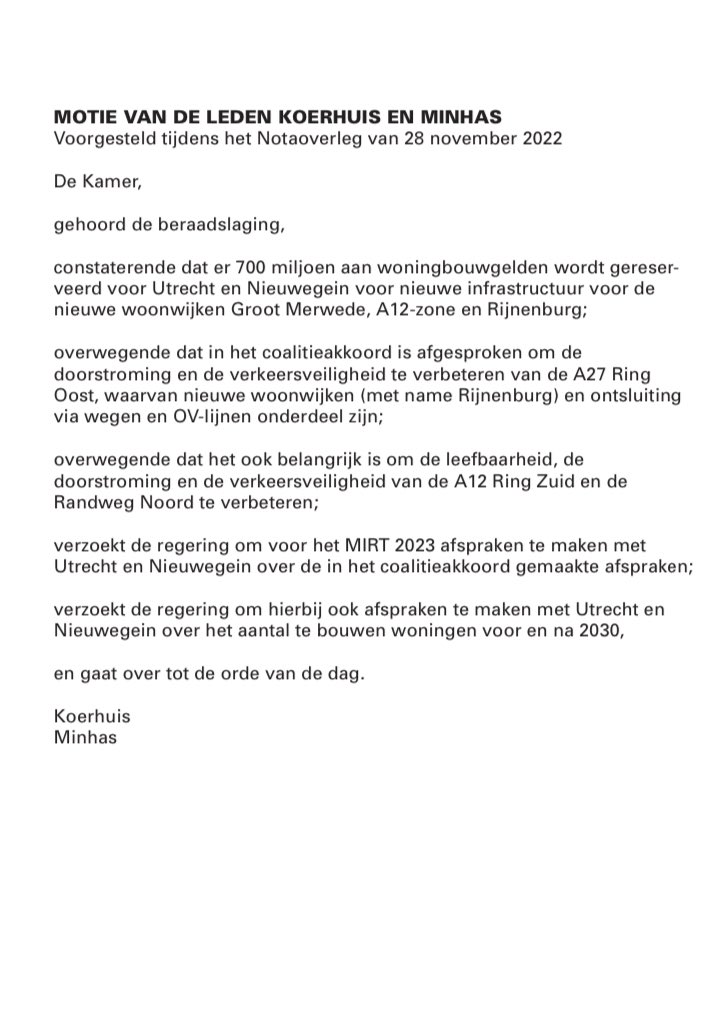 Vorige week MIRT debat. We hebben 700 mln gereserveerd voor Utrecht voor infrastructuur voor nieuwe woonwijken. Goed dat onze motie is aangenomen om hierbij afspraken te maken over de doorstroming en verkeersveiligheid van de A27 Ring Oost, de A12 Ring Zuid en de Randweg Noord.