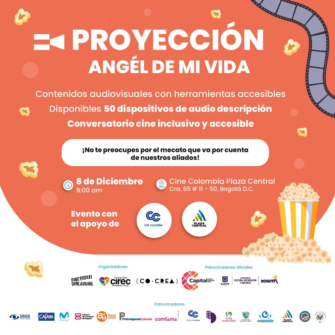 SaldarriagaConc's tweet photo. En el marco del festival de cine incluyente y accesible #WeCamFest 2022, @fundacioncirec y @fcinesocial nos comparten una invitación para la proyección de la película 'Ángel de mi Vida' con herramientas #Accesibles.
🗓️Dic 8, 9 a.m.
📍@plazacentralccb
✍️https://t.co/gDkwx5obsS https://t.co/MpBu8zGOmh