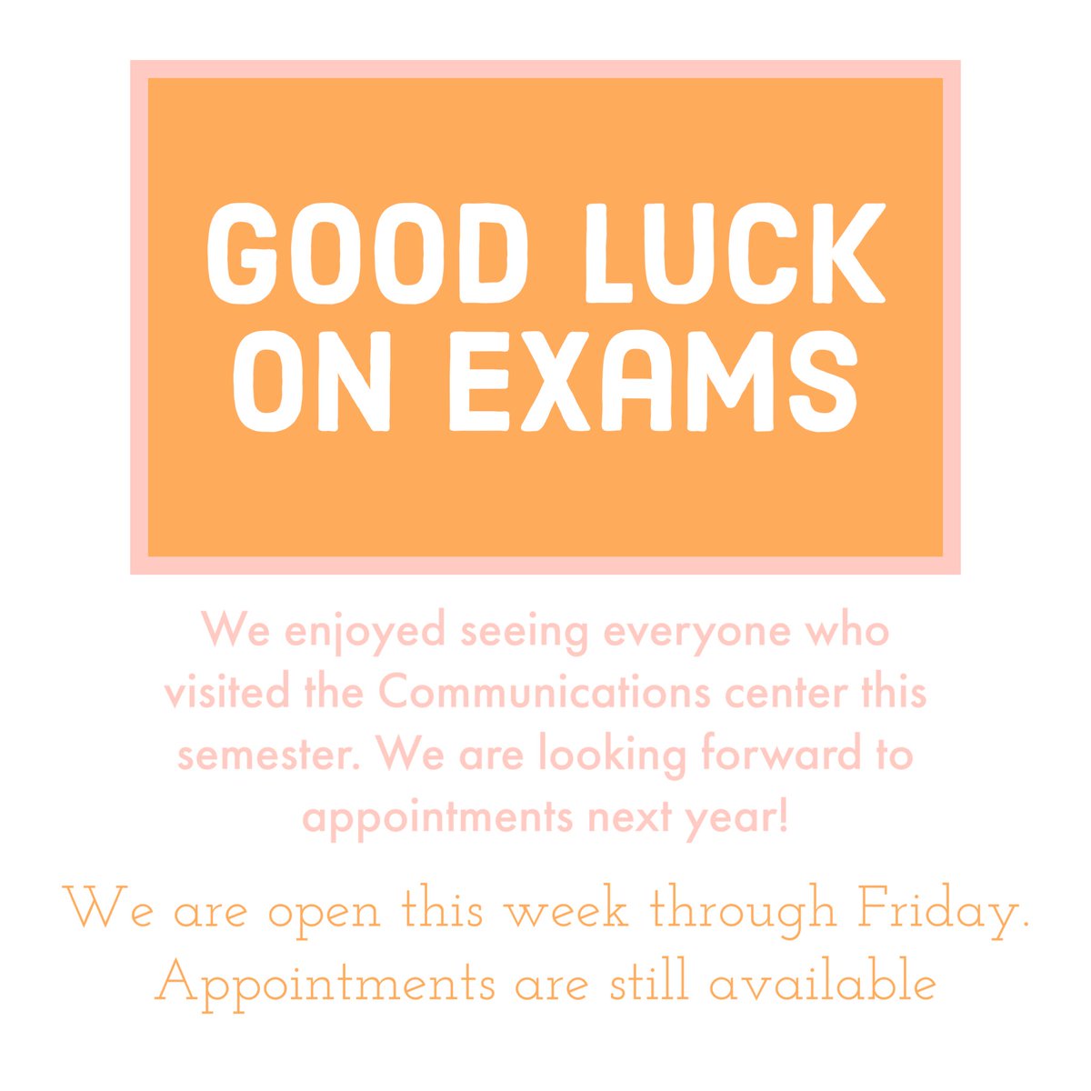CU_CommCenter's tweet image. We are open this week for appointments and drop ins! Good luck on exams.