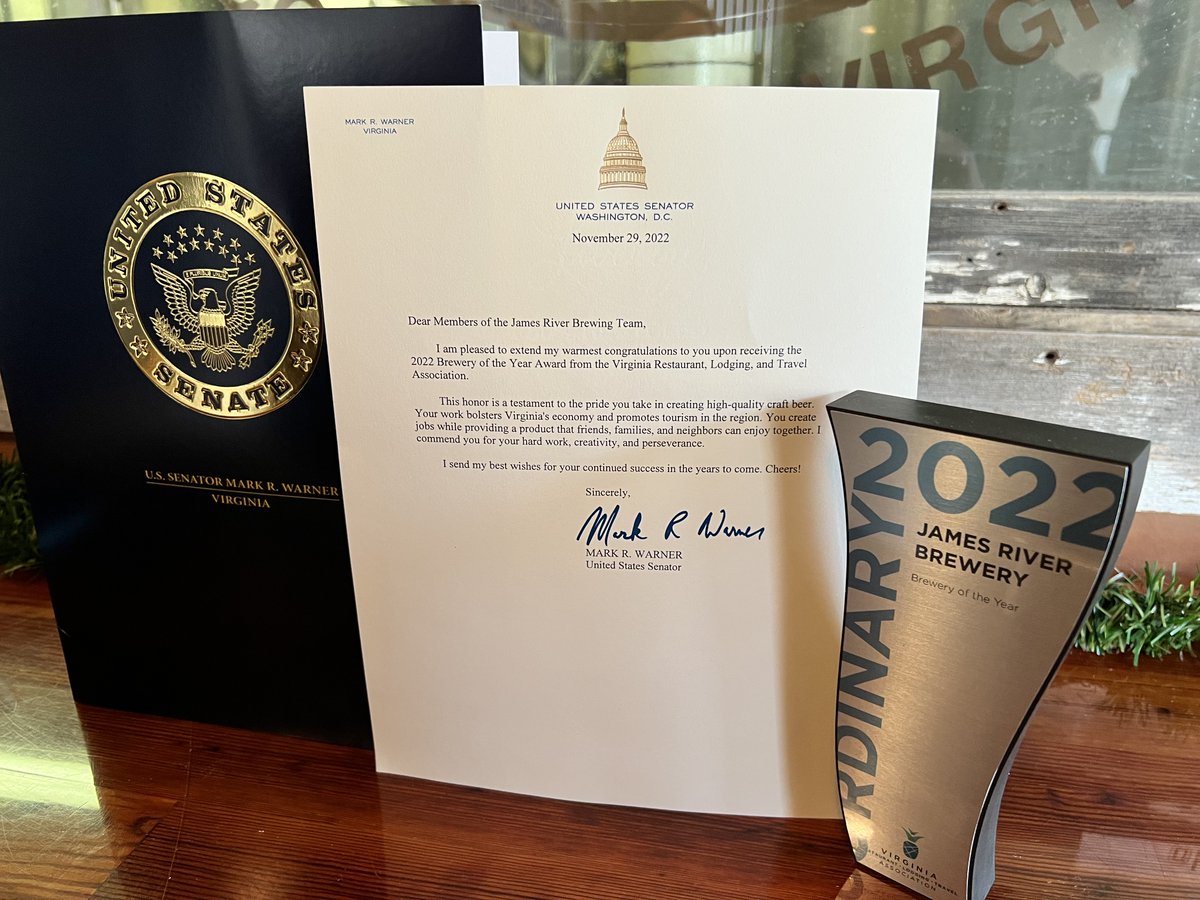 Thank you JRB community we couldn't have done it with out you all!! Recognition from our State Senator "I am pleased to extend my warmest congratulations to you upon recieving the 2022 Brewery of the year award from the Virginia Restaurant, Lodging and Travel Association...."