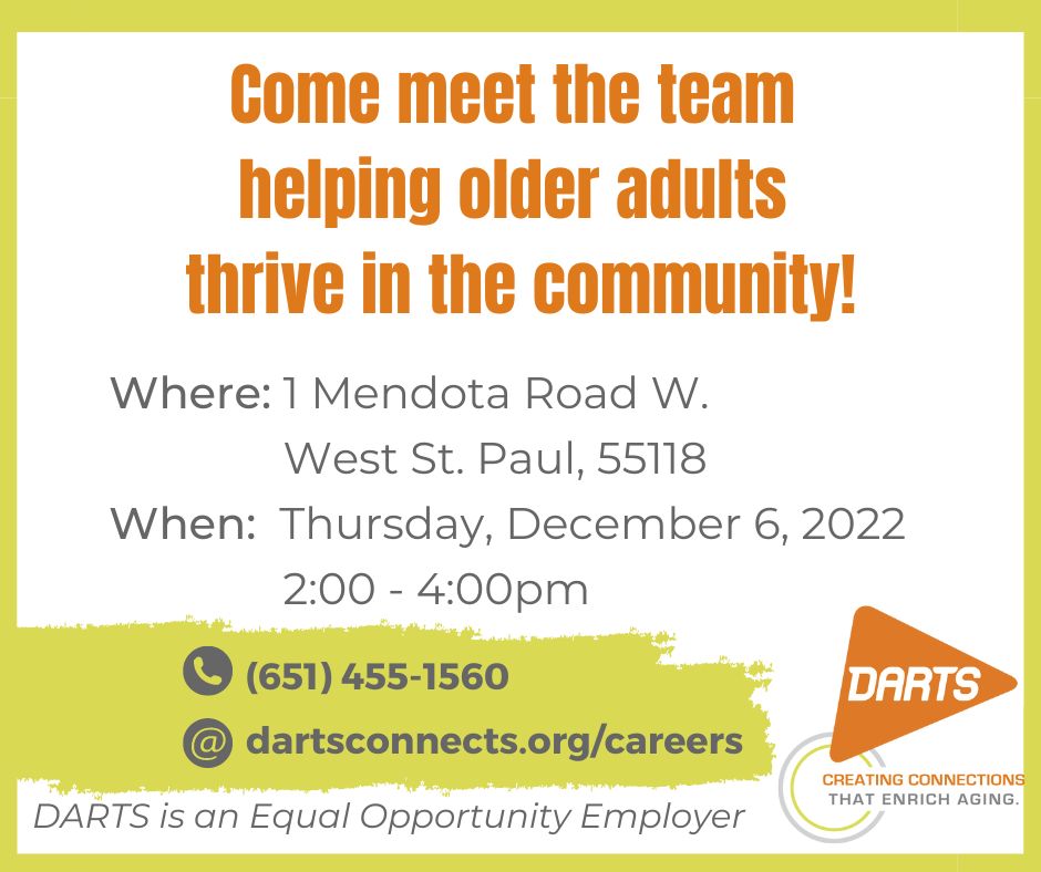 Looking for #newopportunities, or know someone that is? Check out the job fair this Thursday, December 6 at 2:00pm! DARTS will be at this on-site hiring event. Come out to see us and learn more! Learn about the fair: careerforcemn.com/attend-career-…