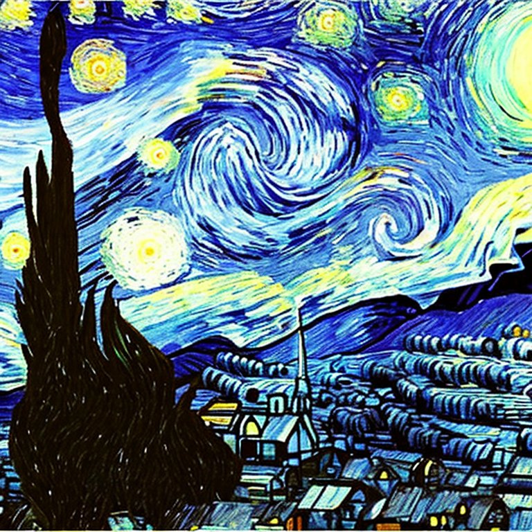 leomon32's tweet photo. Since people are bragging about how Stable Diffusion "learning" bs, I made something. I put starry night online as a text to image and search online for the original. The third one I made using a very small iteration, then enlarge it with AI... resulting in a third picture 1/4 https://t.co/5r1ZFQMH9H