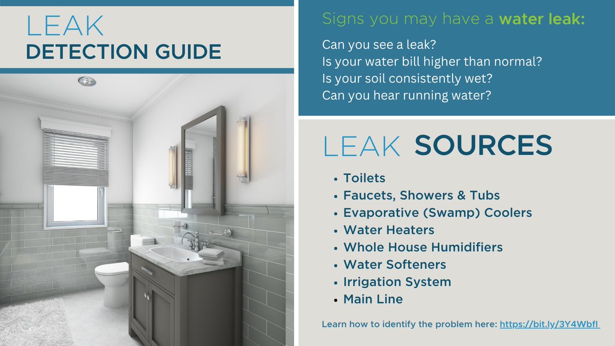 JVWCD's tweet photo. Even small leaks can add up to a lot of water waste over time. Download the full Leak Detection Guide on our website to learn how to determine if you have a "continuous flow" (aka: leak) in your home water system. @SlowTheFlowUT @UTAHSavesH2O 
https://t.co/6NpeCCB9K0 https://t.co/7dMYfPNkIm