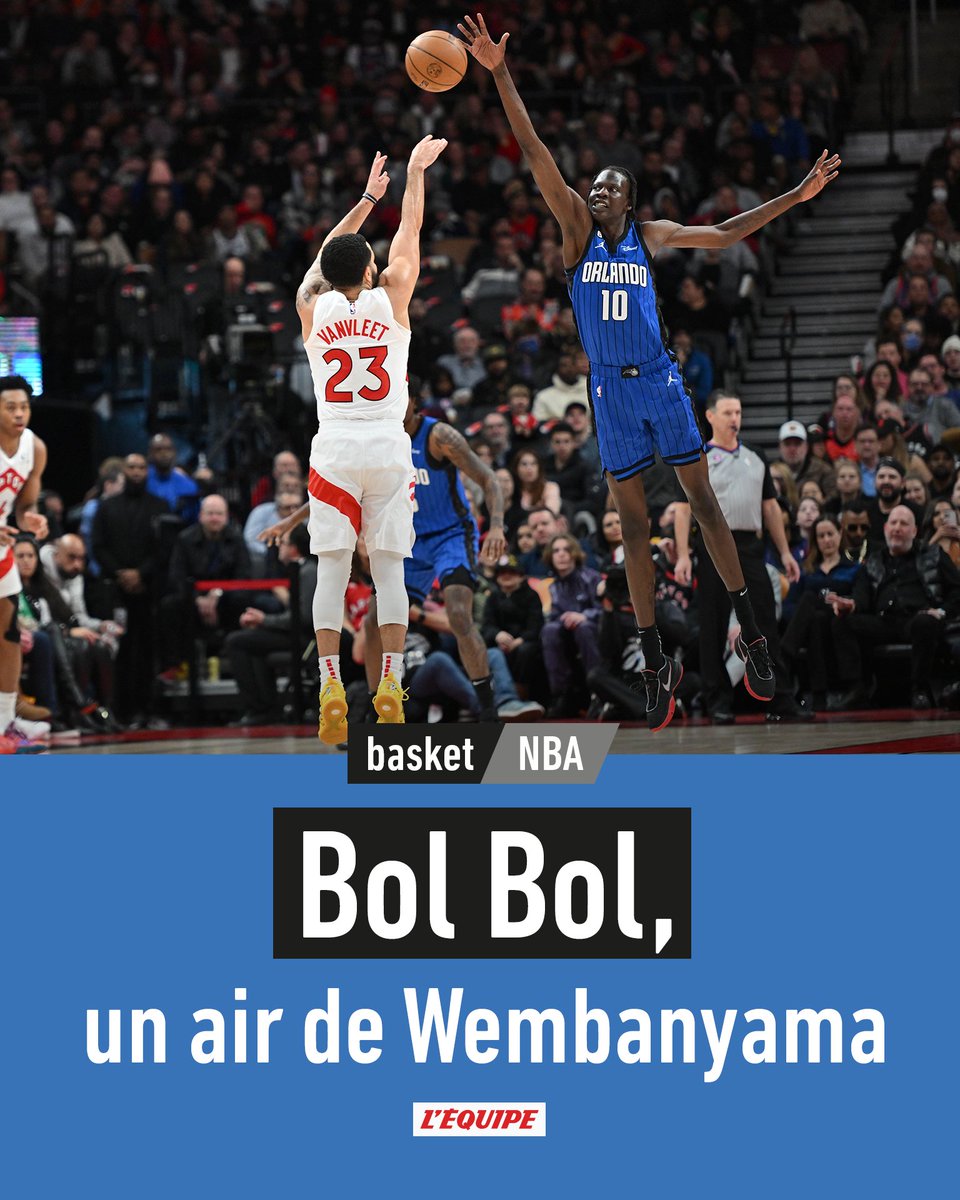 lequipe's tweet photo. Après un début de carrière compliqué, Bol Bol, l'ailier fort (ou intérieur) américano-soudanais de 23 ans semble enfin s'épanouir du côté d'Orlando, où ses caractéristiques physiques et techniques lui valent d'être comparé au Français Victor Wembanyama. https://t.co/qbcTb99p9O https://t.co/Pmi0tFs96b