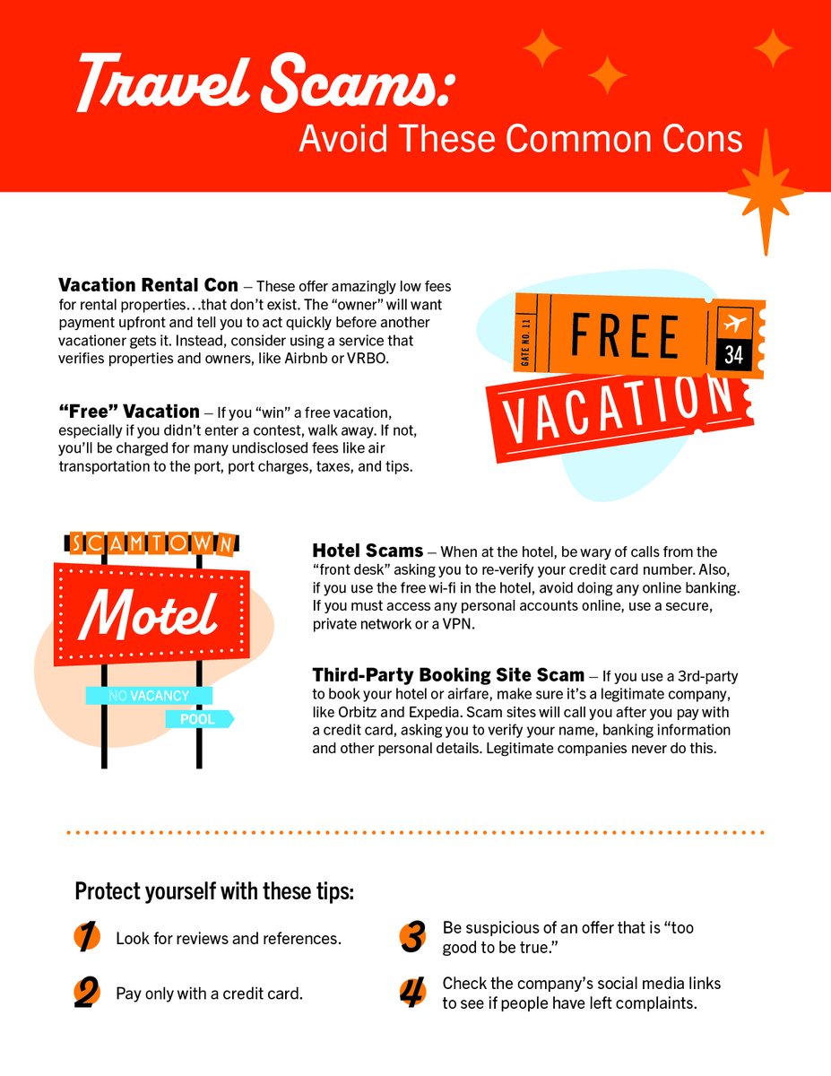 EarthmoverCU's tweet image. As you start planning for a spring or summer trip, ensure that you take the necessary steps to avoid travel scams. If something sounds too good to be true – it is. 
#scam #travelscam #vacation #trip