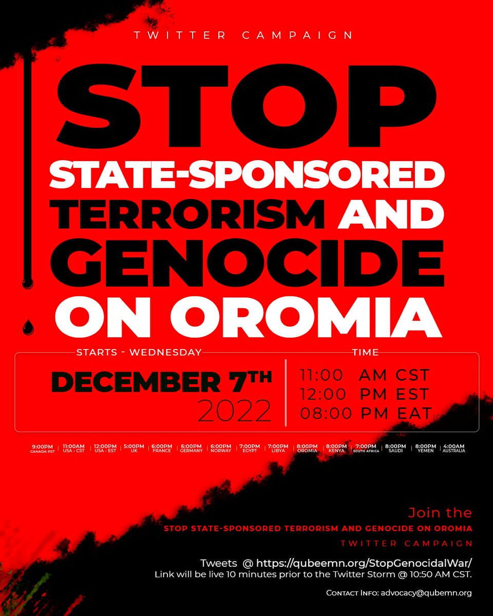 QubeeMN's tweet photo. 📌 Oromo Twitter Campaign

STOP state-sponsored terrorism and GENOCIDE on Oromia. 

📍Wednesday, DECEMBER 7th, 2022.
     11AM CST 

#AbiyIsBombingOromia 
#AbiyAhmedIsATyrant 

Link:https://t.co/2hJktrg6Iu https://t.co/EweZgtPUaG