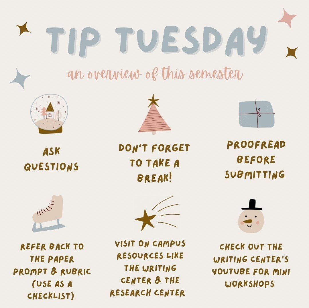 As finals begin, here is an overview of some of the helpful tips we covered this semester. This is also the Writing Center’s last week open; Friday will be our last day of operation until Spring! We wish you all the best of luck on your finals and happy writing ✍🏽 ☃️! 

#csuf