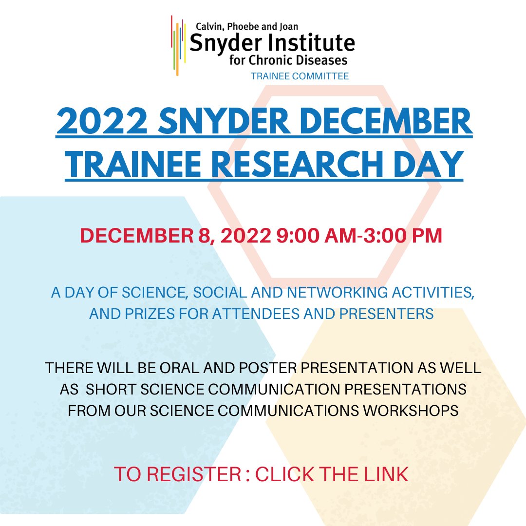 Snyder Institute Trainee Research Day 2022 is here on Thursday! 

Remember to register using the link!
eventbrite.ca/e/snyder-insti…