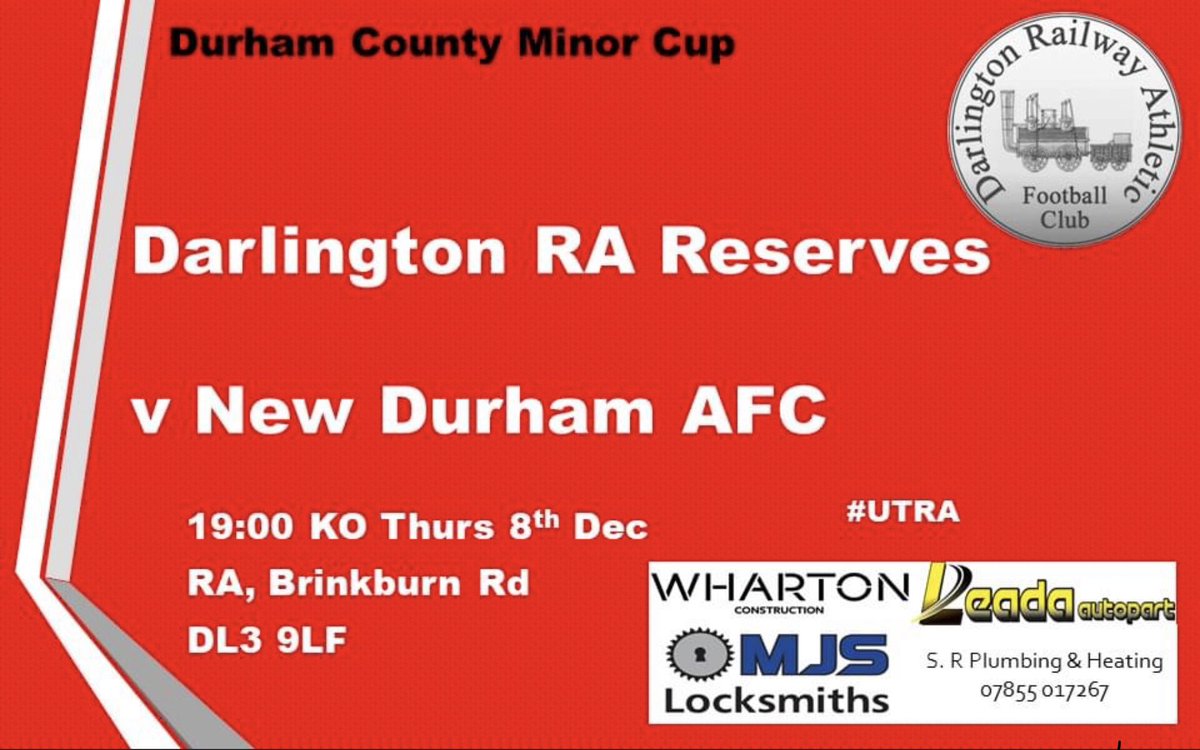 Darlington RA Reserves in action at HOME on Thursday. 

📆  8th Dec
🆚  New Durham AFC
⏰  19:00
🏆  Durham County Minor Cup
📍  RA, Brinkburn Rd, DL3 9LF
🎟  Free entry
🍺  Bar open (Cash and Card)