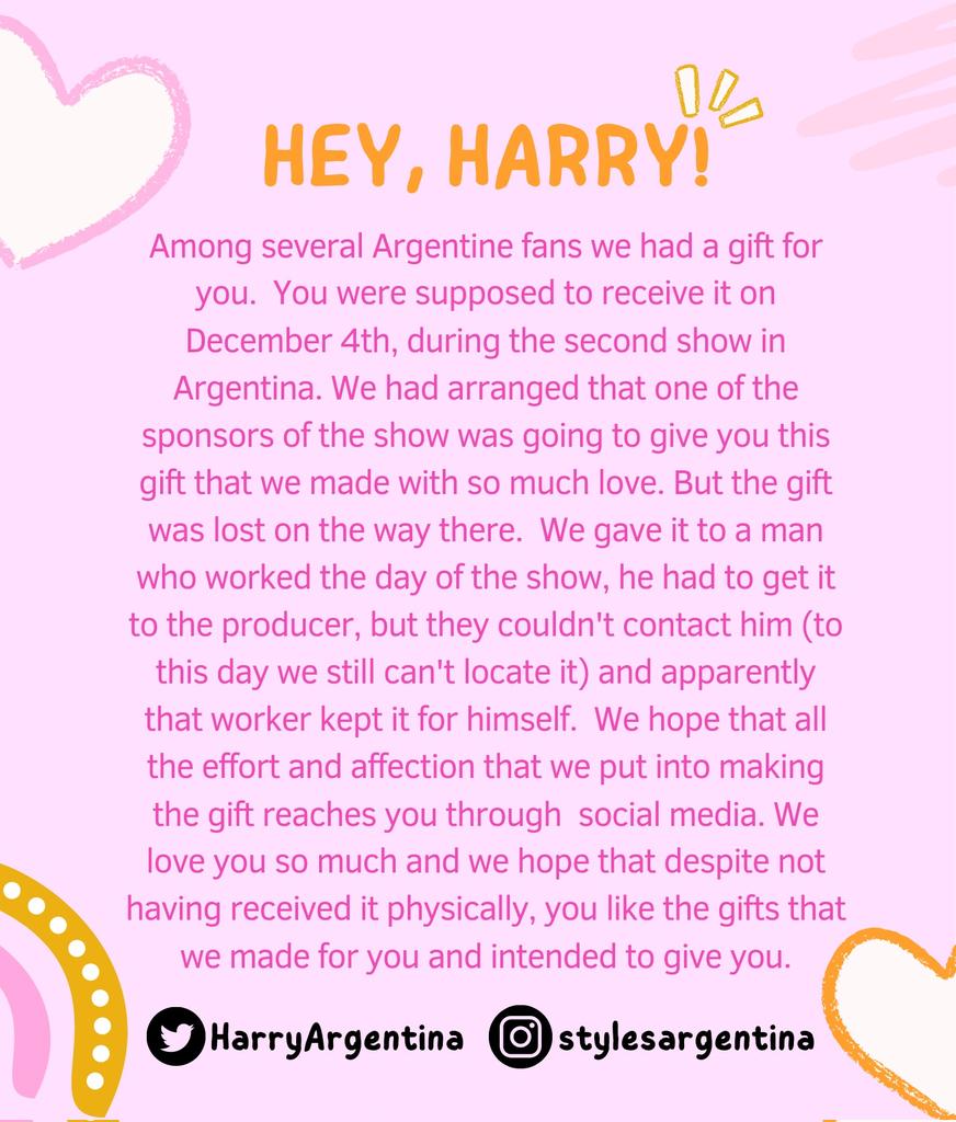 Por favor les pedimos de corazón toda la difusión posible, que etiqueten a Harry y a su equipo, nos gustaría que esto le llegue 🙏

Abajo les dejamos fotos y videos de los regalos.