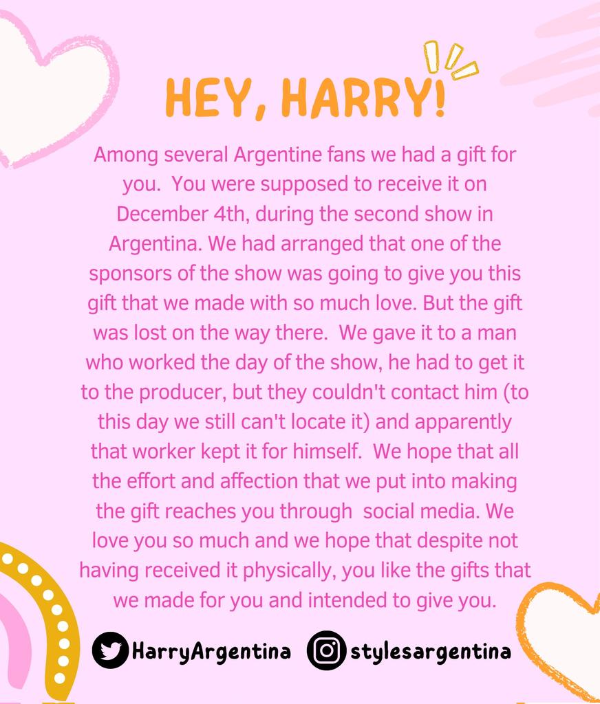 Por favor les pedimos de corazón toda la difusión posible, que etiqueten a Harry y a su equipo, nos gustaría que esto le llegue 🙏

Abajo les dejamos fotos y videos de los regalos.