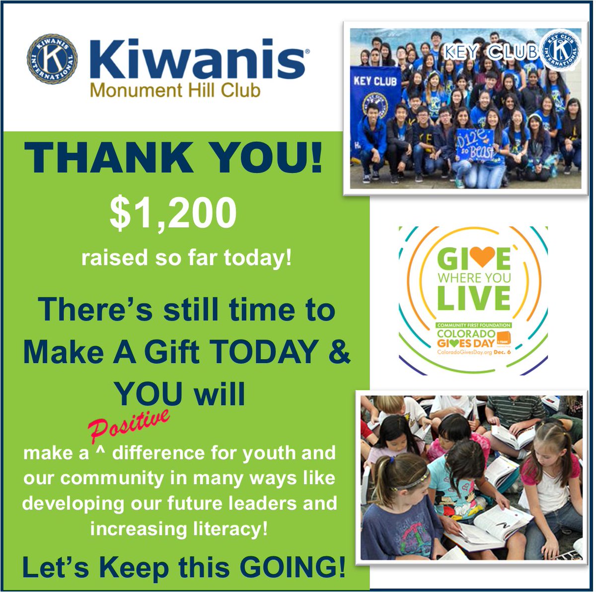 We have received $1,200 in donations thus far - let's keep that going!  #ColoradoGivesDay2022.  We have a great track record of helping youth and our community.
DONATE NOW: coloradogives.org/orga.../Monume…
#KiwanisMakeAPositiveDifference