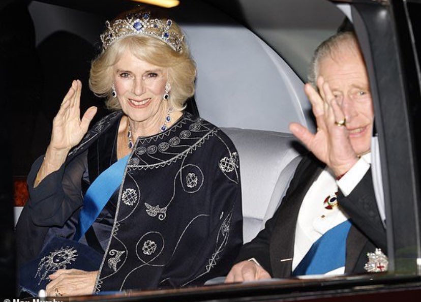 theworldofAC's tweet photo. #KingCharles and #QueenCamilla arriving at the annual #DiplomaticReception at #Buckingham Palace 

#QueenCamilla is wearing the Belgian Sapphire Tiara! https://t.co/wiPfCShzn7