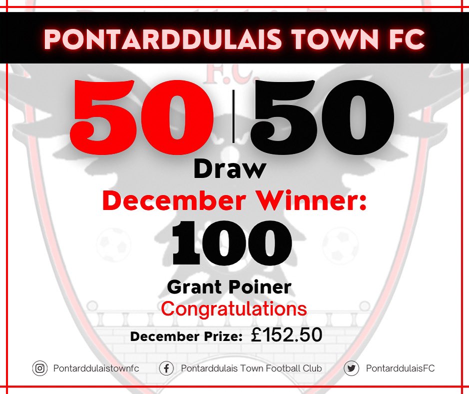 PTFC December 50/50 Draw winning Number: 100 ⭐️ Congratulations 🎉 #5050draw #decemberwinner #ptfc #pontarddulaistownfc #monthlydraw #congratulations #football